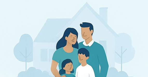 Family of four in front of a home